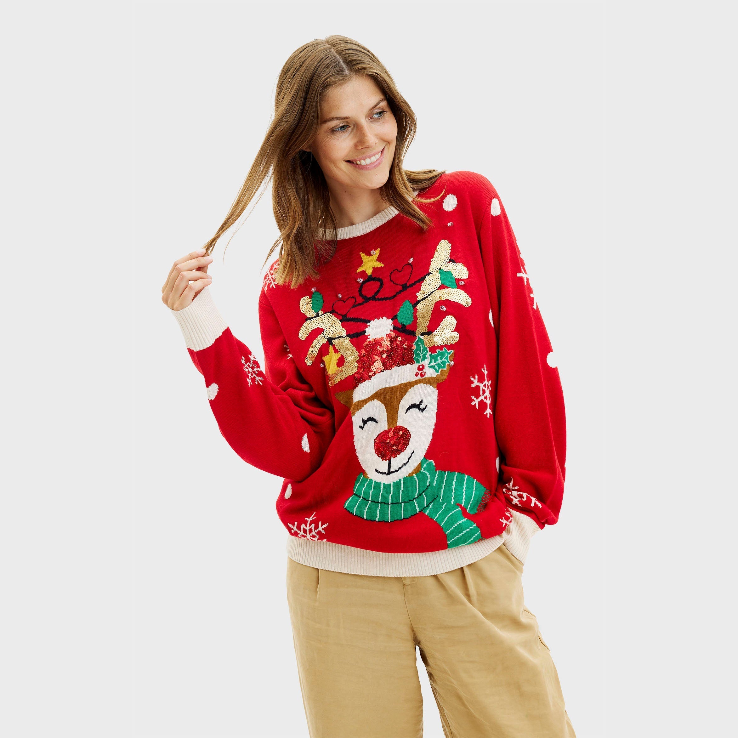 Roter Damen-Weihnachtspullover mit süßem Rentier, grünem Schal und weißem Sternmuster, Acryl.